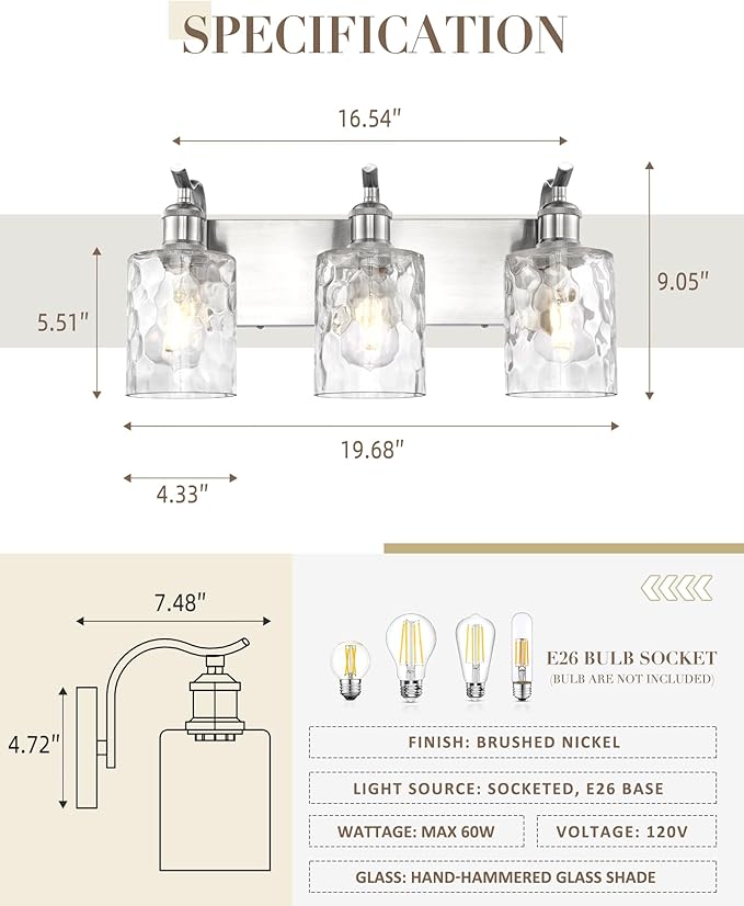 Bathroom Vanity Light Fixtures Over Mirror 3-Light Hammered Glass Wall Mounted Modern Brushed Nickel - VL01BNH-3