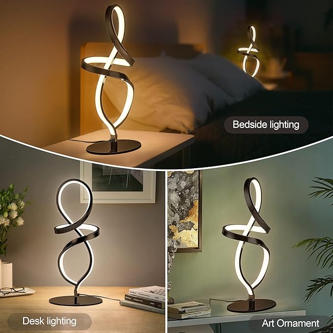 Mayful Modern Lamp with LED Spiral Design, Bedside Lamp with Stepless Dimming Switch, Contemporary Nightstand & Black Table Lamp for Bedroom, Living Room, Home Office, 12W 3200K Warm White,2 Pack