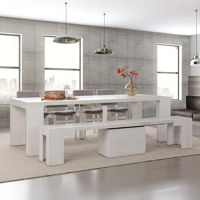 Transformer Table - Solid Wood Extendable Dining Table, Seats 2-12, Extendable Dining Room Table, Space-Saving Furniture, Expandable Dining Furniture (White, Table + Bench + 4 Chairs)