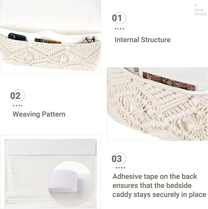 Mkono Macrame Bedside Caddy Storage Organizer Boho Remote Control Tablet Magazine Holder with 4 Pockets Non-slip Countertop Bedside Caddy for Home Bedroom Living Room College Dorm Bed, Ivory, Large