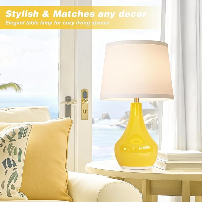 Seealle Modern Ceramic Table Lamps for Night Stands - Bedside Lamps Set of 2 for Nightstand,Yellow Bedroom Lamp for Living Room Cute Desk End Table Office Guest Room Dresser Rocker Swtich