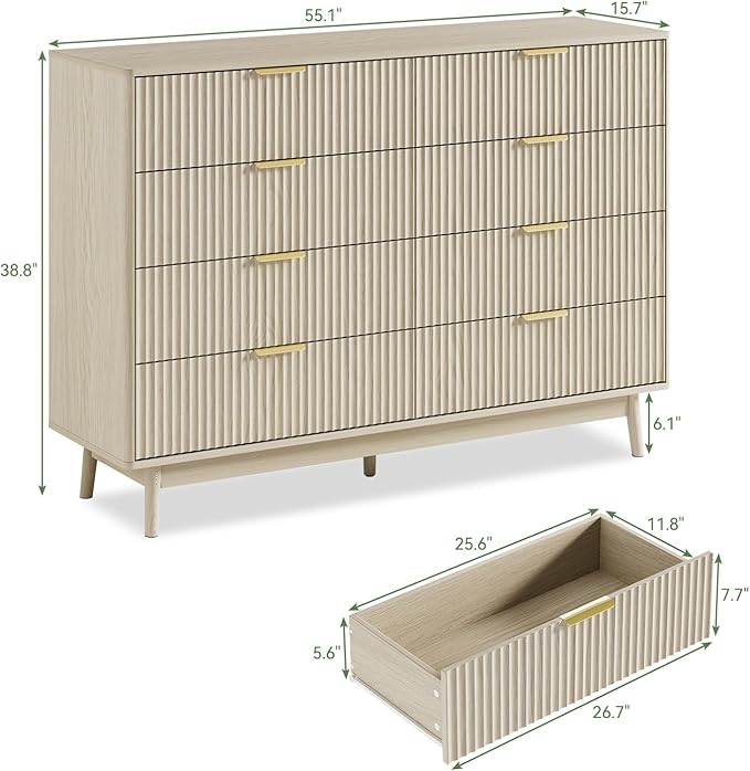LYNSOM Fluted Dresser and Nightstand Sets 3 Piece, 8-Drawers Dresser and 1-Drawer Nightstands Set of 2, Wood Bedroom Furniture Set for Home, Bedroom, Hallway, Beige