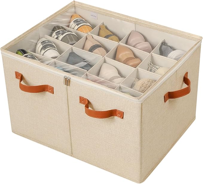 Shoe Organizer for Closet, Foldable Shoe Box with Adjustable Dividers and Clear Cover, Space Saving Shoe Storage Organizer Cabinet with Reinforced Handles, Fits 16 Pairs TP09J