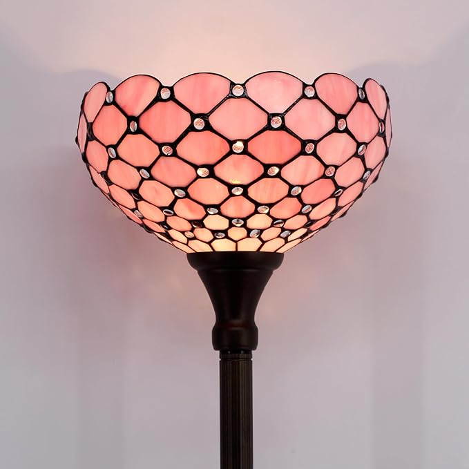 WERFACTORY Tiffany Floor Lamp Pink Stained Glass Pearl Bead Light 12X12X71 Inches Torchiere Standing Corner Torch Uplight Decor Bedroom Living Room Home Office S005P Series