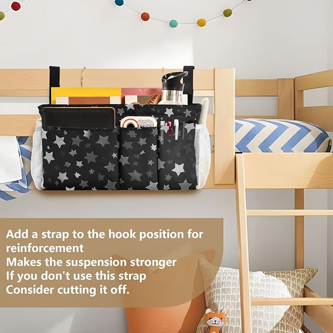 Bedside Caddy Hanging Bunk Bed Caddy Bed Organizer Hanging Pocket with 2 Hooks Bedside Storage Organizer Pocket Bag Holder Silver Stars Black