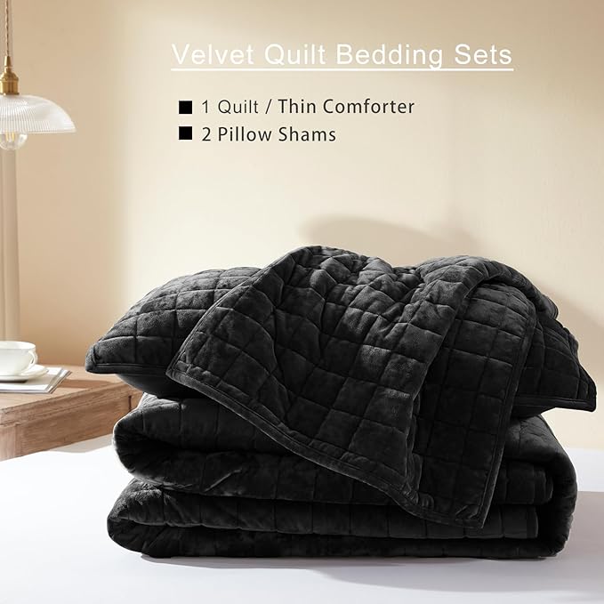LEAONME Velvet Quilt Oversized California King-120''x120'', Lightweight Black Velvet Comforter Set with 2 Pillow Shams, Oversized Bedspread Coverlet Quilted Bedding Set for All Season