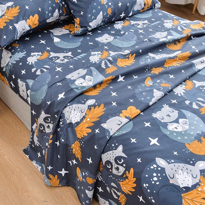 JSD Forest Animals Kids Sheet Set Twin Size, 3 Piece Navy Blue Owl Microfiber Bed Sheets Deep Pocket