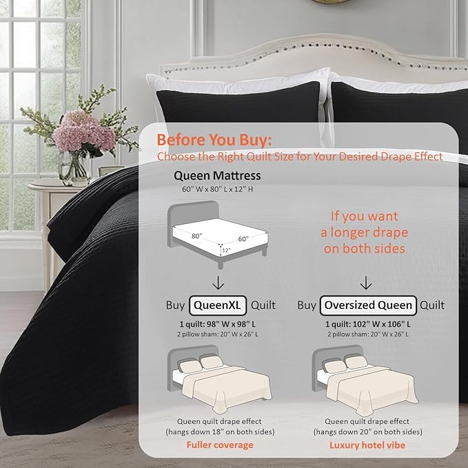 KASENTEX Queen XL Quilt Set 98"x98" – Soft Washed 3-Layer Lightweight Bedspread, Minimalist Nordic Design, All-Season Spring & Summer Quilt Set (1 Quilt + 2 Pillow Shams), Jet Black