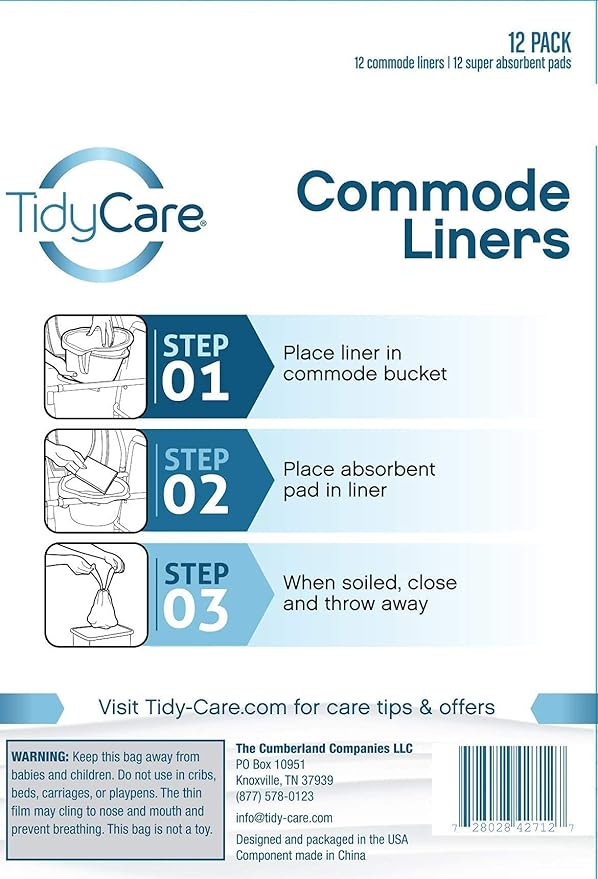 TidyCare Disposable Bedside Commode Liners and Pads for Portable Toilet Chair Seat Bucket and Bedpan | Combo Pack of 12 Waste Bags and 12 Absorbent Pads | Universal Fit
