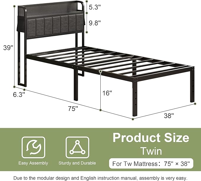 16 Inch Twin Bed Frames with Upholstered Storage Headboard, Heavy Duty Twin Platform Bed No Box Spring Needed, Noise Free, Easy Assembly, Gray