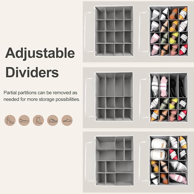 Shoe Organizer for Closet 2 Pack, Foldable Shoe Box with Adjustable Dividers and Clear Cover, Space Saving Shoe Storage Organizer Cabinet with Reinforced Handles, Fits 32 Pairs TP12WG