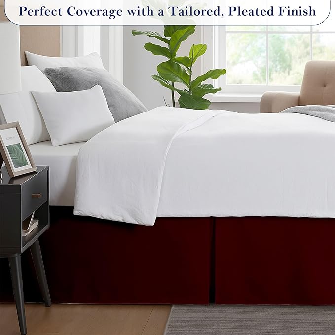 King Bed Skirt, Luxury 18 Inch Drop Burgundy Pleated Bed Skirt, Double Brushed Microfiber, Box Pleat Design, Wrinkle & Fade Resistant, Easy Fit Tailored Bedskirt for King Size Beds