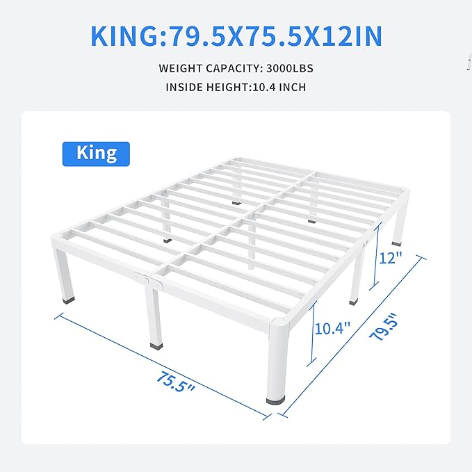MAF 12 Inch King Metal Platform Bed Frame White with Round Corner Legs, Mattress Slide Stopper, 3000 LBS Heavy Duty Steel Slats Support, Noise Free, No Box Spring Needed, Easy Assembly