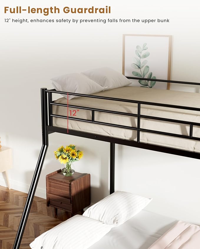 Twin Over Full Bunk Bed for Adults & Kids, Heavy Duty Bunk Beds with EVA Padded Ladder and Full-Length Guardrails, Noise-Free Metal Bed Frame, Space-Saving Design, Black
