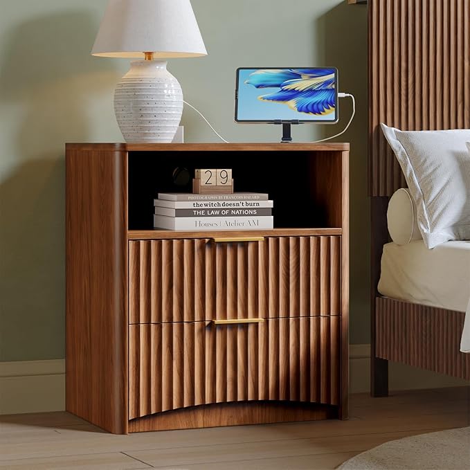 Evermagin Fluted Nightstand Set of 2 with Charging Station, Walnut Bedside Table with 2 Drawers, Wood End Table with Storage Mid Century Modern, Large Night Stand for Bedroom