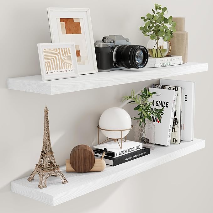 Fun Memories Floating Shelves for Wall, 48 x 9.3 Large Floating Shelf Wall Mounted Set of 2, Rustic Wood Shelves for Bathroom, Kitchen, Living, Heavy-Duty Storage Deep Shelf for Books, Decor, White