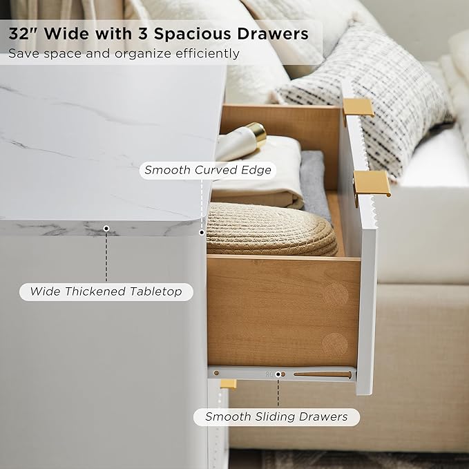 T4TREAM Fluted 3 Drawers Nightstand, Oversized Extra Large Modern Side Table with Faux Marble Top, End Table Bedside for Bedroom, Living Room, Curved Profile Design, Solid White