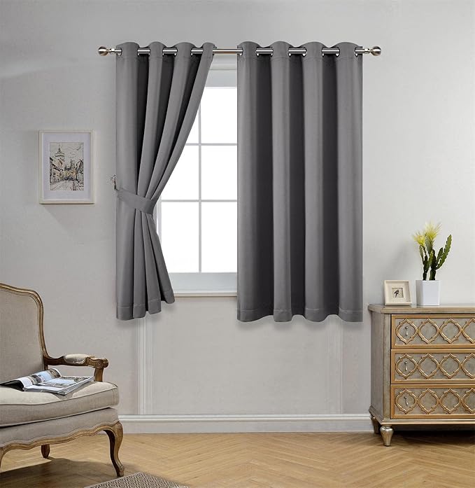 MIUCO 1 Pair Thermal Insulated Grommet 52-Inch-by-63-Inch Blackout Window Curtain Panels with 2 Tie Backs, Grey