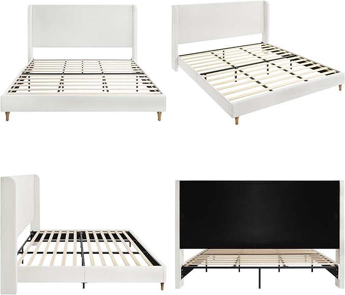 King Size Upholstered Bed Frame, Harper 54" Tall Headboard Platform Beds, Wingback Headboard Bedframes/No Box Spring Needed/Easy Assembly/Elegant Simplicit, Ivory Chenille