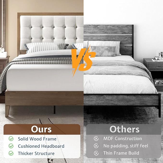 Jocisland Wood Queen Size Bed Frame,Tall Upholstered Tufted Headboard, Solid Wood Platform, No Box Spring Needed, Ash Gray