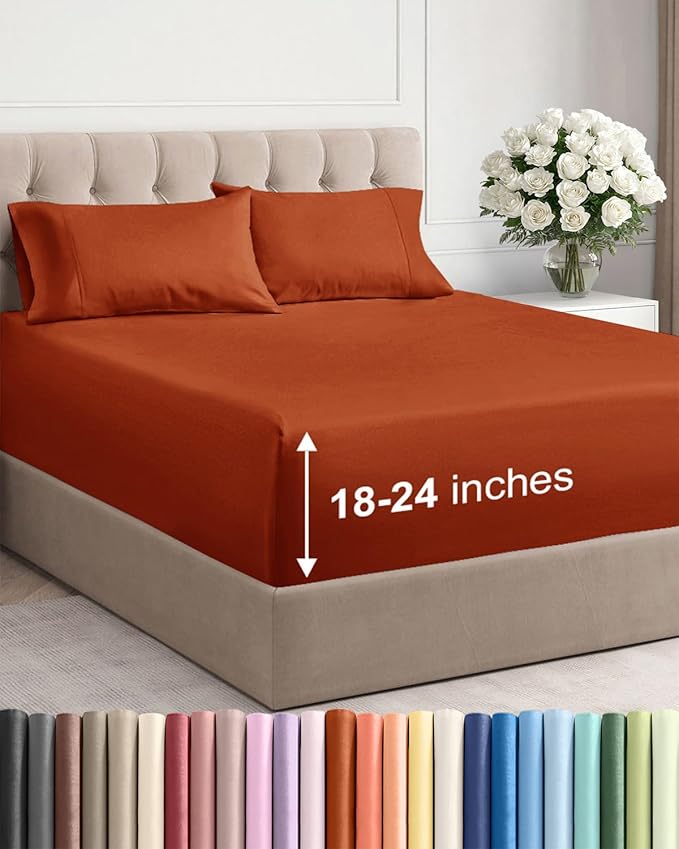 Extra Deep Twin Sheet Set - 4 Piece Breathable & Cooling Sheets - Hotel Luxury Bed Sheets Set - Easy & Secure Fit - Soft, Wrinkle Free & Comfy Sheets Set - Terracotta Sheet Set with Extra Deep Pockets