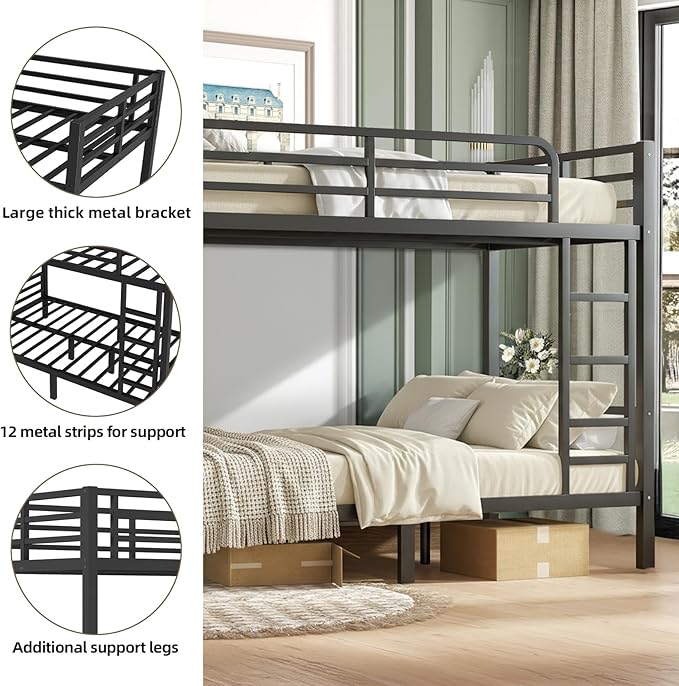 Twin XL Over Twin XL Bunk Bed Frame, Heavy Duty Metal Loft Bed for Adults/Teens, 350/500LB Capacity w/Ladder & Guardrail, Noise-Free Steel Slats, No Box Spring Required, Black