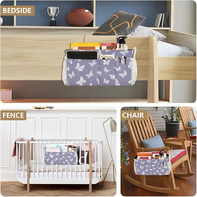 Bedside Caddy Hanging Bunk Bed Caddy Bed Organizer Hanging Pocket with 2 Hooks Bedside Storage Organizer Pocket Bag Holder White Butterfly Purple
