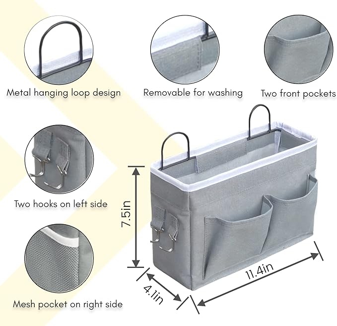 Kanrichu 2pcs Middle Wall Hanging Organizer Bag, Linen Fabric Door Hanging Storage Basket with Pockets, Waterproof Bin for Kitchen, Bedroom, Office, RV Camper (Gray)