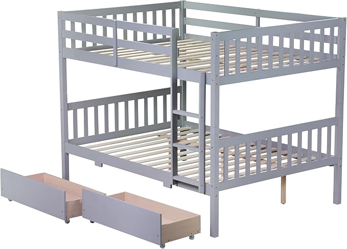 Full Over Full Bunk Bed with Storage Drawers,Convertible Bunk Beds with Ladder & Safety Guardrails,Full Size Bunk Beds for Kids Girls Boys,Grey