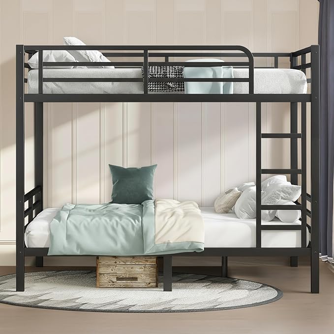 Full Over Full Bunk Bed Frame, Heavy Duty Metal Loft Bed for Adults/Teens, 350/500LB Capacity w/Ladder & Guardrail, Noise-Free Steel Slats, No Box Spring Required, Black