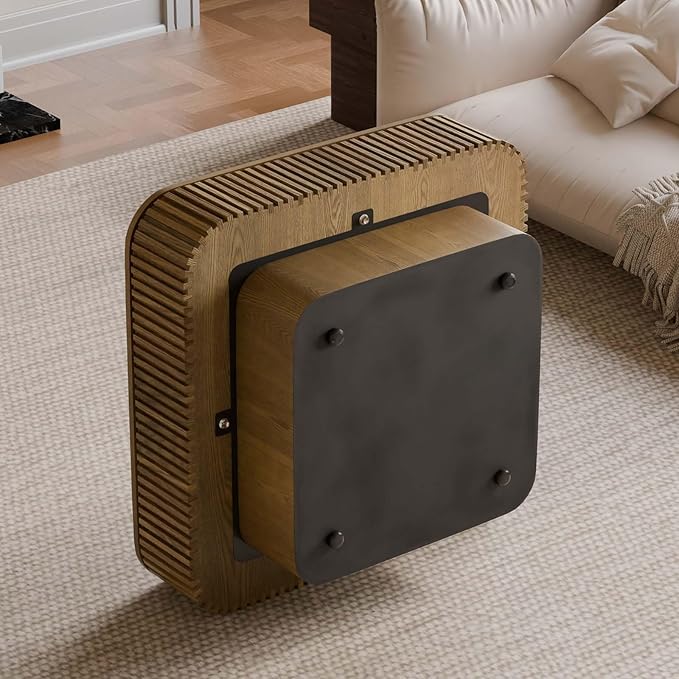 Square Small Coffee Table with Storage, Modern Wooden Coffee Table with Solid Wood Veneered, Fluted Center Table Drum Tea Table for Living Room Apartment, 31.5''L×31.5''W×14''H