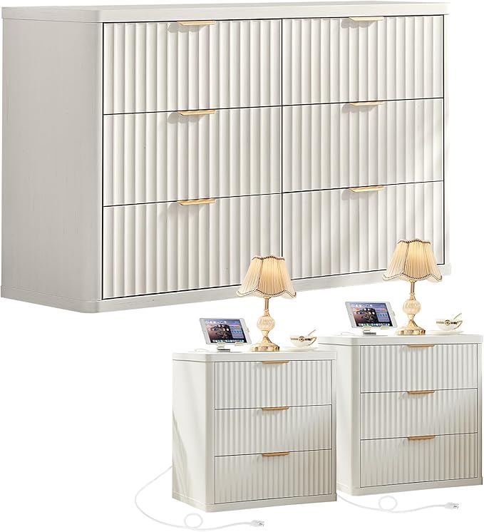 LEYAOYAO 48" Wide Fluted Dresser and 3 Drawers 23" Nightstand Set of 2, Wooden Dresser & Night Stand with Charging Station, 3 Piece Bedroom Furniture Set, Chest of Drawer for Living Room,Antique White