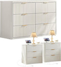 LEYAOYAO 48" Wide Fluted Dresser and 3 Drawers 23" Nightstand Set of 2, Wooden Dresser & Night Stand with Charging Station, 3 Piece Bedroom Furniture Set, Chest of Drawer for Living Room,Antique White
