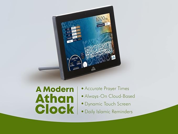Masjidal 10" Digital Azan Clock with WiFi, Dynamic Touch Screen, Worldwide Prayer Times, Full Quran Player, Islamic Art, Streaming Halal Muslim Content: Duas, Dhikr, Hadith, Surah of The Day, Black