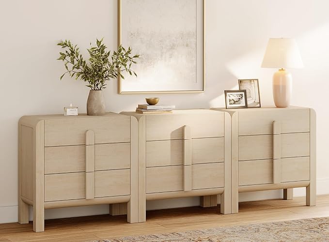 WAMPAT 3 in 1 9 Drawer Dresser for Bedroom, 94.5" Wide Mid Century Modern Wide Chest of Drawer, Wood Tall Nightstand with Curved Edge Handles, Closet Dresser TV Stand for Bedroom, Beige