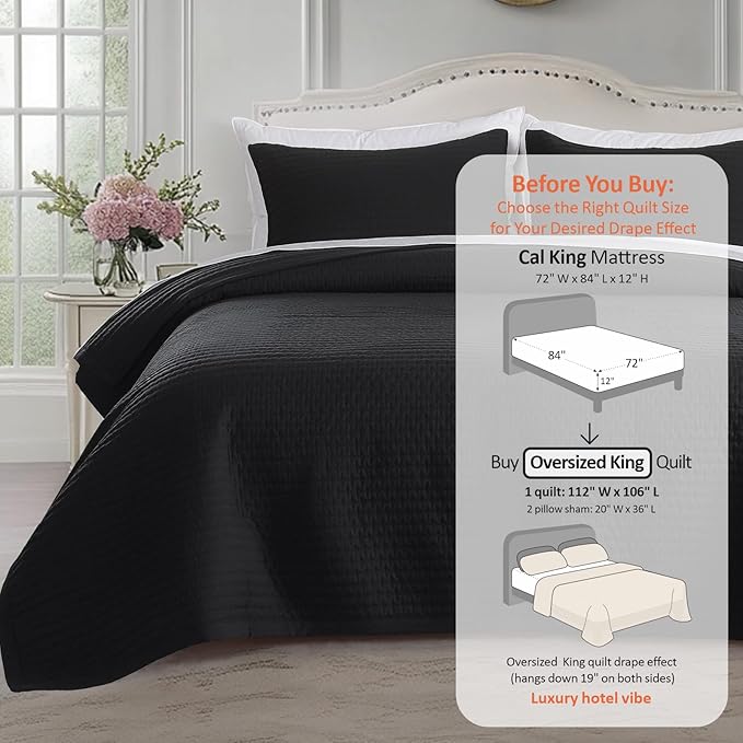 Oversized King Quilt Set 112"x106" – Soft Washed 3-Layer Lightweight California King Bedspread, Minimalist Nordic Design, All-Season Spring & Summer Quilt Set (1 Quilt + 2 Pillow Shams), Jet Black