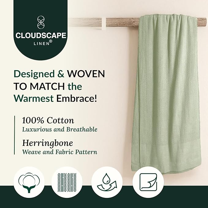 Cloud Scape Linen 100% Cotton Blanket Twin 68x92 Seafoam - Cozy Herringbone Weave, Fits Up to Twin XL Size Beds, Breathable Softness, All-Season Warmth, Winter Blanket, Bedding Gift Choice