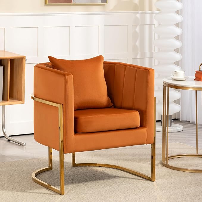 Velvet Modern Accent Chair, Upholstered Barrel Armchair Mid Century with Pillow for Living Room, Comfy Single Vanity Chair with Metal Gold Legs for Bedroom, Orange