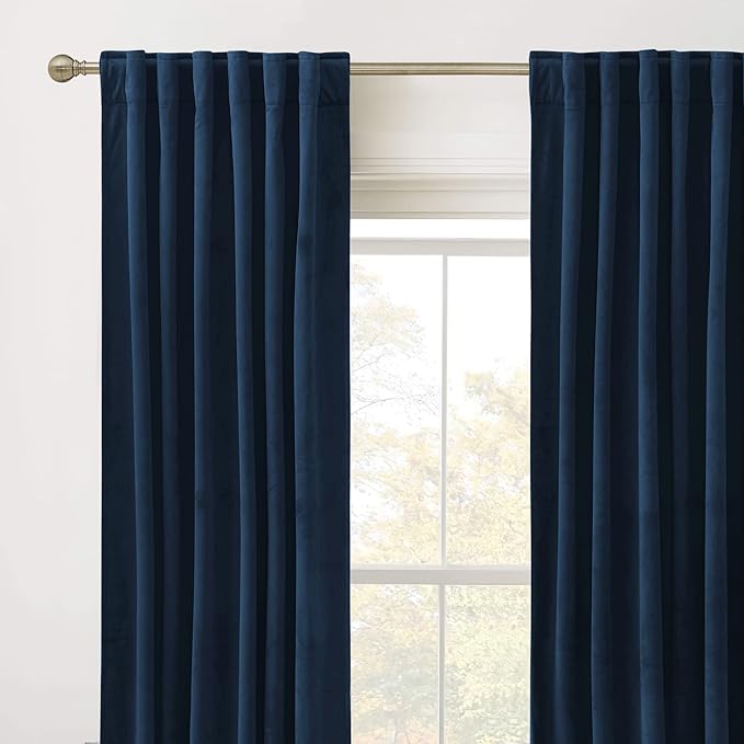 RYB Home Velvet Curtains for Sliding Door - Velevt Luxury Room Divider Back Tab Thermal Insulated Blackout Elegant Decor for Bedroom Living Room, Navy Blue, W62 x L96 inches, 2 Panels