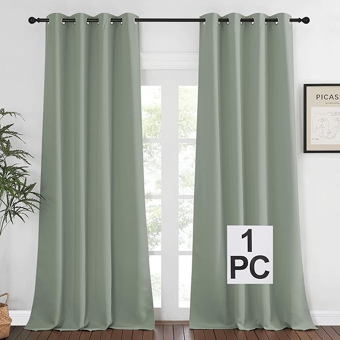 NICETOWN Blackout Sage Green Curtain 90 inch Length for Bedroom - Thermal Insulated Grommet Room Darkening Window Drape Sound Dampening for Living Room, W52 x L90, 1 Panel