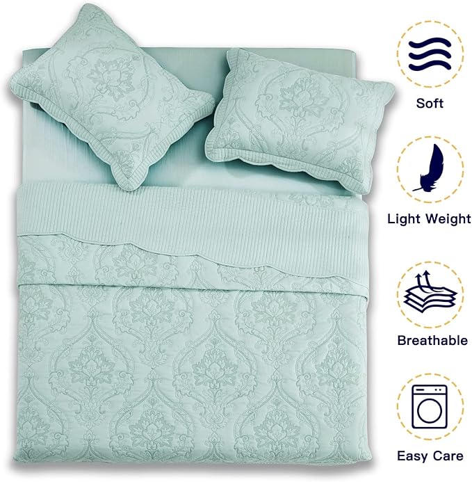 CHIXIN Bedspread Coverlet Set Queen Size - Lightweight Bedding Cover - Beautiful Stitching - 5 Piece Reversible Bedspread - Gorgeous Damask Paisley Pattern (Queen, Seaglass)