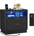 ELYKEN Black Fluted Nightstand with Charging Station & LED Light, 24" Wide Wood Night Stand for Bedroom, 2 Drawer Bedside Table with USB & Type-C Port for Bedroom