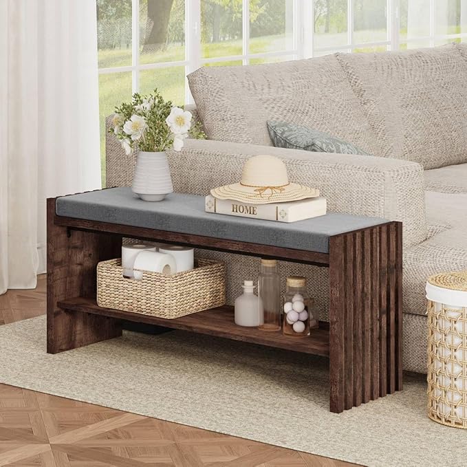 BON AUGURE Shoe Bench with Storage, Entryway Bench with Cushion & 2-Tier Shoe Rack, Modern Ottoman Storage Bench for Mudroom, Hallway, Bedroom (Rustic Oak, 40 Inch Wide)