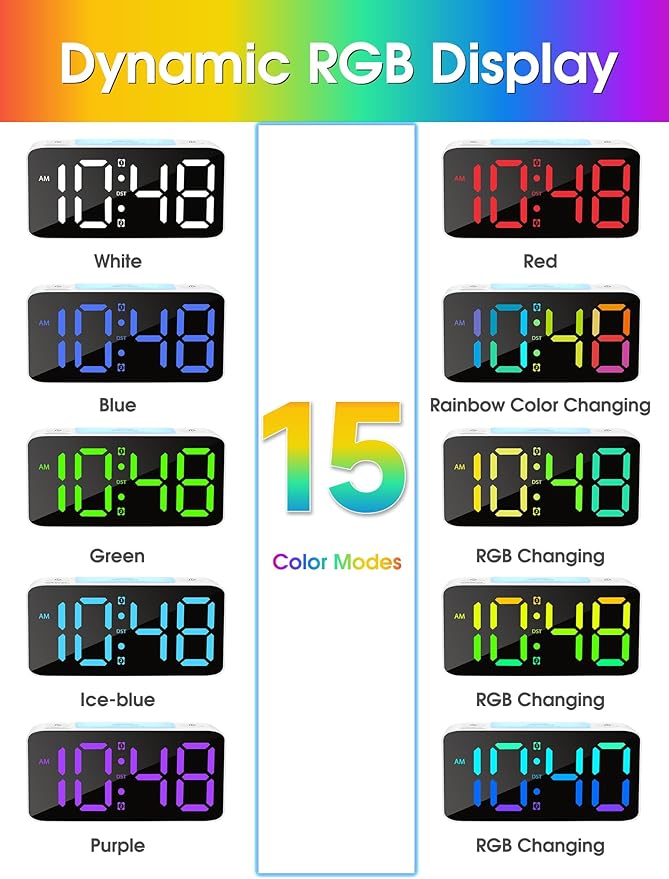 Cadmos Loud Alarm Clock for Heavy Sleepers Adults,Digital Clock with 7 Color NightLight,Adjustable Volume,USB Charger,Small Clocks for Bedrooms Bedside,ok to Wake for Kids,Teens (Blue+RGB)