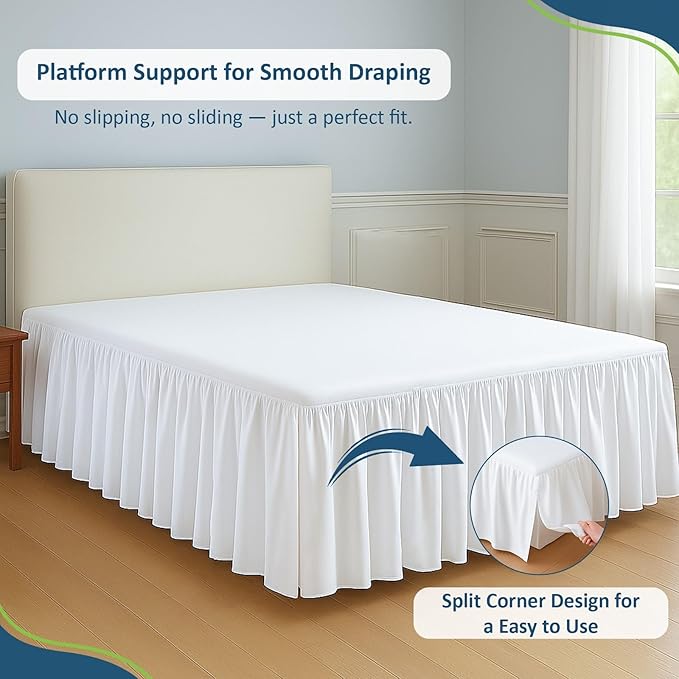Rajlinen Ruffled Bed Skirt Twin XL, 24 Inch Drop Dust Ruffle with Split Corners, 100% Microfiber Bedskirt with Platform, Three-Sided Coverage Ruffled Gathering Design, White