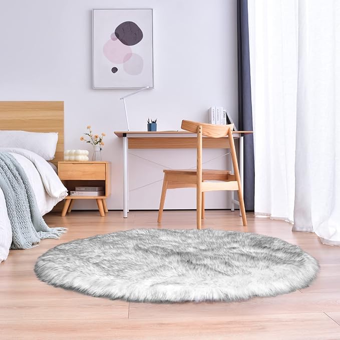 duduta White Black Faux Sheepskin Round Rug 4x4 ft, Fluffy Shag Fur Bedroom Nursery Kids Playroom Rug Dorm Decor Non Slip Washable