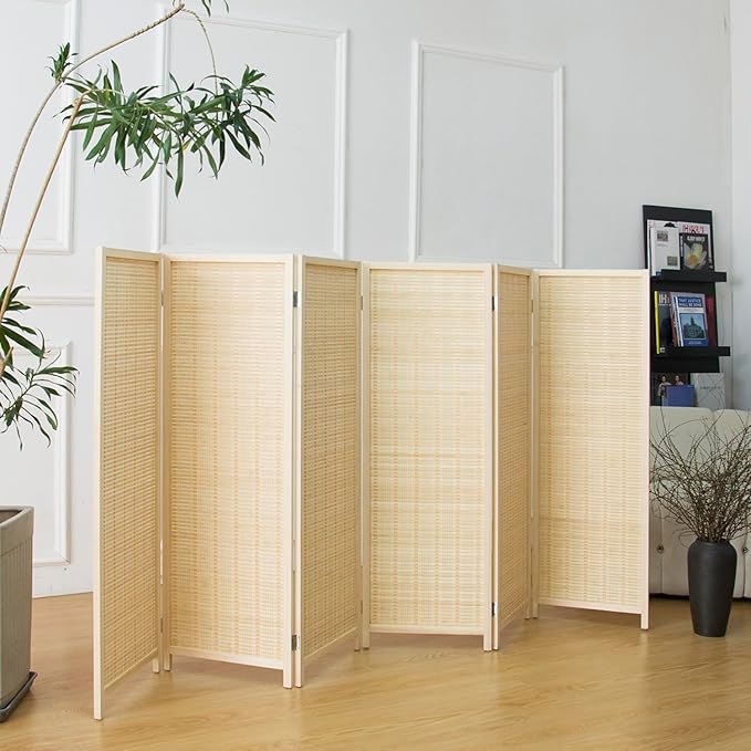 6 Panel Short Room Divider Screen,Beige Freestanding Partition,Small Bamboo Panel Divider for Room Seperation,3.95 FT Tall
