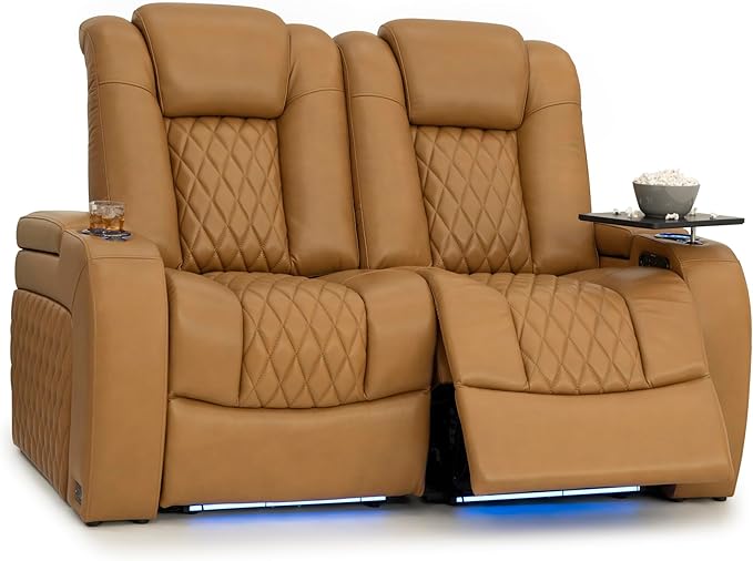 Seatcraft Diamante Zero-Gravity CoolZero Italian Leather Home Theater Seating, Power Headrest, Power Recline, Row of 2 Loveseat, Tan Oak