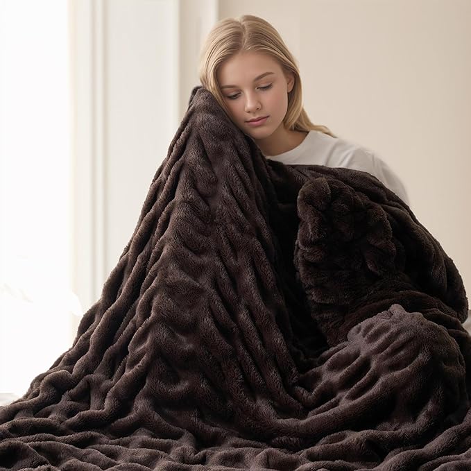 BATTILO HOME Dark Brown Faux Fur Throw Blanket for Couch, Double Side Reversible Ruched Rabbit Fur Blanket for Couch, Bed, Sofa, Soft Warm Mink Cozy Blanket, 50x60 Inch