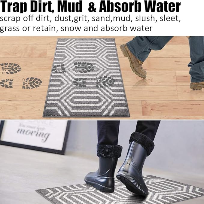 Indoor Doormat 20"x 32", Absorbent Front Back Door Mat, Rubber Backing Non Slip Floor Mats Inside Mud Dirt Trapper Outside Entrance Door Rug Carpet, Machine Washable Low Profile - Grey Time Cloister